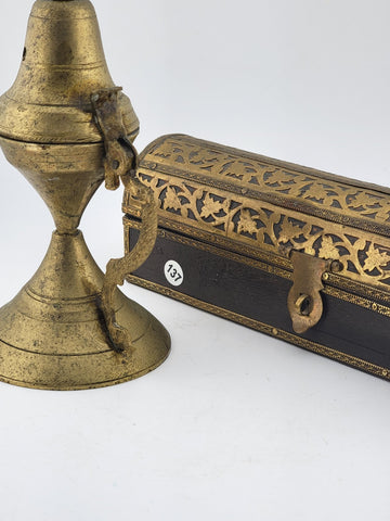 Set Of 2 Antique Islamic Middle Easter Brass and Wood Ornate Incense Burners.