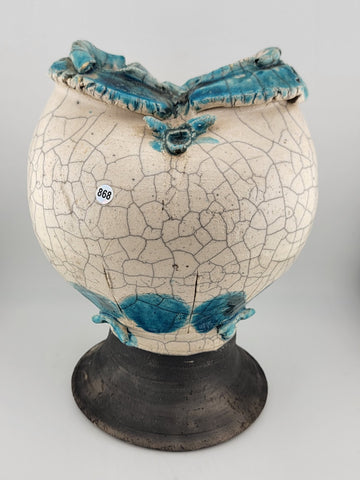 Rare Unique One Of A Kind Vintage Crackled Style Ceramic Vase W 2 Openings.