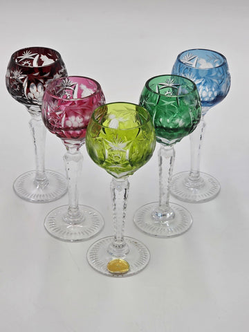 5 NACHTMANN TRAUBE 4 1/2" CORDIALS CRYSTAL WINE GLASSES MULTI COLOR CUT TO CLEAR