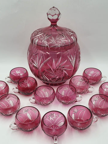 Rare 1940's Vtg Bohemian Cranberry Cut to Clear Crystal Punch Bowl Set w/13 Cups