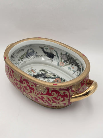 Antique XL Chinese handpainted Red porcelain 24kt gold Oval Footbath, Jardiniere