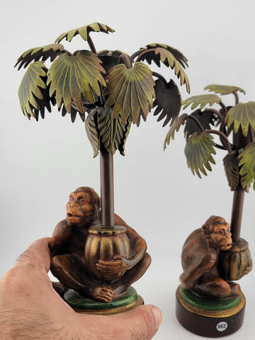 VTG Pr. PETITES CHOSES Monkey Palm Tree Hand Painted Metal TOLEWARE Candlesticks
