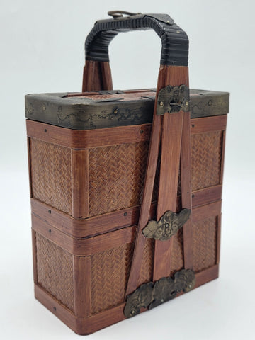 Antique Japanese Meiji Bamboo Picnic Basket Bento Box Woven Basket Complete Case