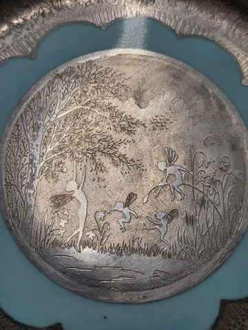 Set of 3 Antique Czech Silver Inlaid Enamel Fairy Plates c.1910 Art Nouveau