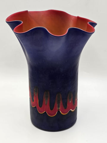 Vtg Azerbaijan Hand-Blown Art Glass Vase 13” Cobalt Red Flame Design Ruffled Top