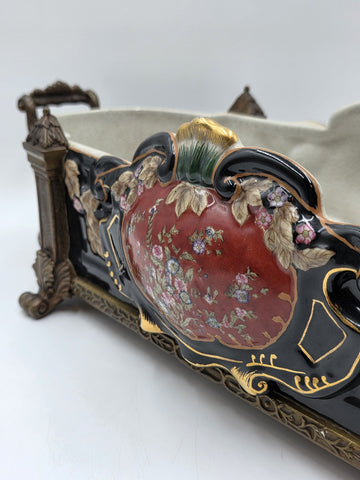 ANTIQUE XL CASTILIAN PORCELAIN BRONZE BOWL CENTERPIECE CLAWFOOT FLORAL VICTORIAN