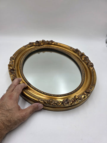 Antique Hand Carved Gilt Wood Oval Mirror Roses Floral Rococo 17” Wall Decor