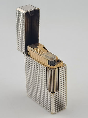 Vintage S.T. Dupont Paris Ligne 1 Diamond Pattern Silver Plated Gas Lighter