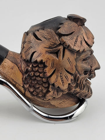 Vintage European Wood Block Pipe Hand Carved Bacco Baccus Greek Worrior Theme.