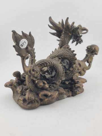 Antique Japan Solid Bronze 8.5" Intricate & Detailed Coiled Dragon w Pearl