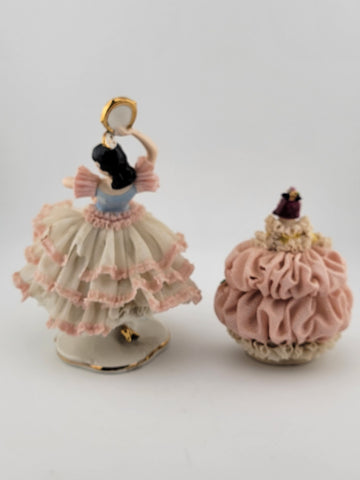Set Of 2 Volkstedt Germany Dresden Lace Small Ballerina Pink Porcelain Figurines