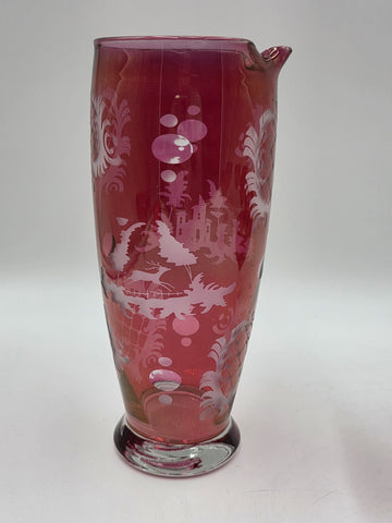 Rare Set Of 8 Antique Edwardian Wine Cranberry Glass Engraved Etched & Pitcher.