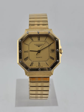 Vintage Longines 4898 Quartz Gold Plated Octagonal Watch Roman Dial Date Working