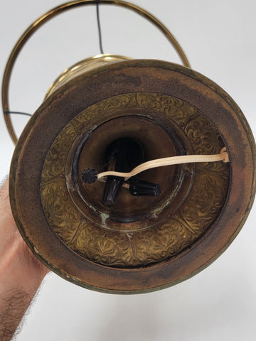 Antique Converted Holmes Booth & Haydens Brass Oil Lamp Ribbed Cased Green Shade