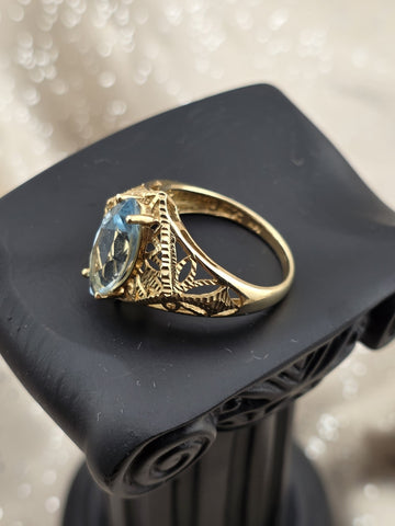 Antique 14K Solid Gold Blue Topaz Marquise Ring Filigree Estate Size 8 W Box.