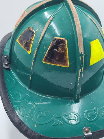 MSA Cairns 1010 2020 Green Firefighter Helmet Front Visor. Seen Fire Action.