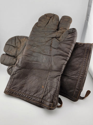 Original WW2 U.S. Navy Aviation Brown Leather Gunner's 3 Finger Gloves/Mittens