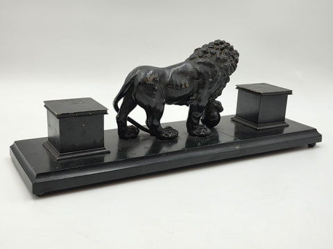 19th C Victorian Cast Iron Lion Double Inkwell Desk Set Antique Black Japanned.