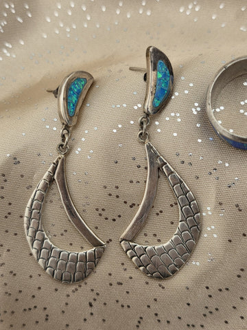 Cardenas Taxco Mexico 925 Sterling Silver Blue Opal Inlay Ring & Earrings Set