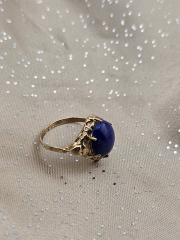 Antique 10K Solid Gold Lapis Lazuli Cabochon Ring Ornate Blue Statement. 6.75.