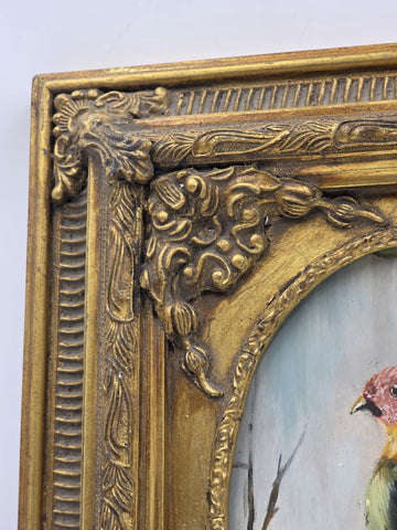 Antique Gilt Baroque Style Wood Framed Bird Painting On Wooden Oval Panel Decor.
