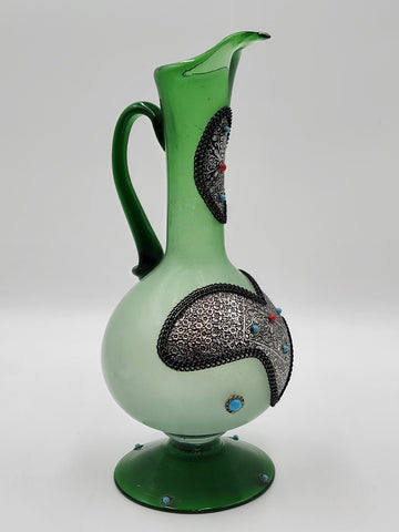Gorgeous Vintage One Of A Kind Green Emerald Highly Ornate Pitcher & 5 Glasses