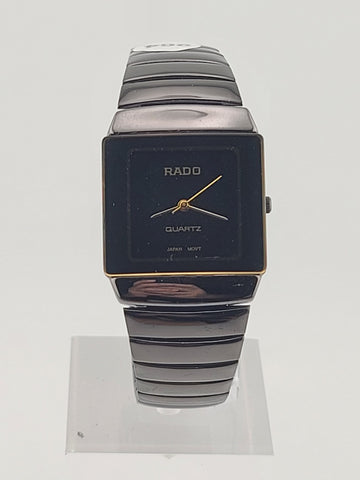 Vintage Rado Rectangular Quartz Watch Black Dial Gold Trim Swiss Design. Works.