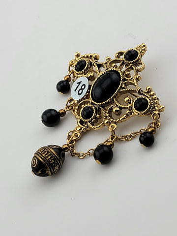 VTG 1928 BROOCH VICTORIAN REVIVAL BLACK GLASS BEAD DANGLE OPENWORK GOLDTONE PIN