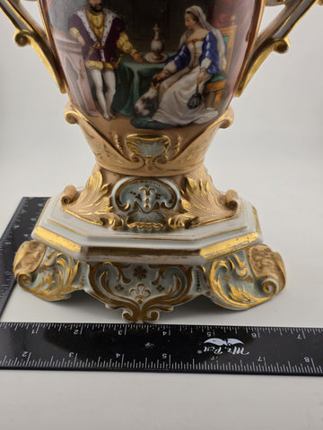 Rare Antique Mid 19th C French Vieux Paris Gilt Porcelain Urn Vase Court Scene