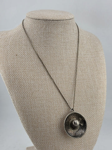 Vintage Taxco 925 Sterling Silver Mexico Sombrero Hat Pendant Necklace.