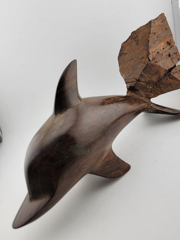 Vintage Ironwood Hand Carved Wood Dolphin Sculpture 13 Inches Tall Retro Deco
