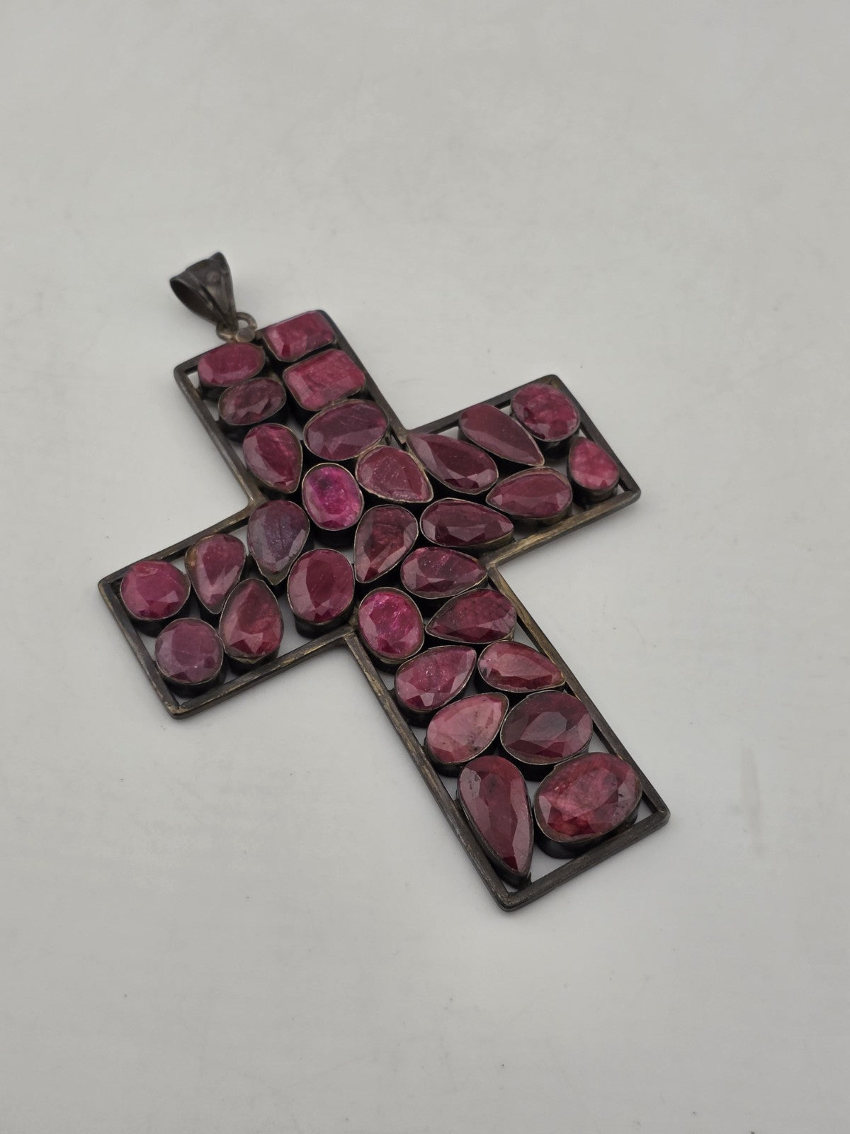 Antique Very Large Sterling Silver Garnet Cross Pendant W Purple Agate Stone.