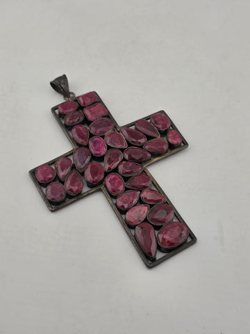 Antique Very Large Sterling Silver Garnet Cross Pendant W Purple Agate Stone.