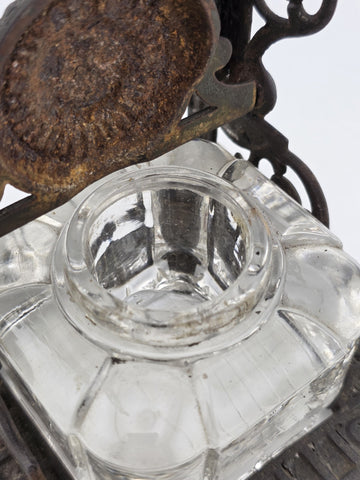 Antique TATUM'S Postal Ink Stand Cast Iron Glass Inkwell Quill & Envelope Holder