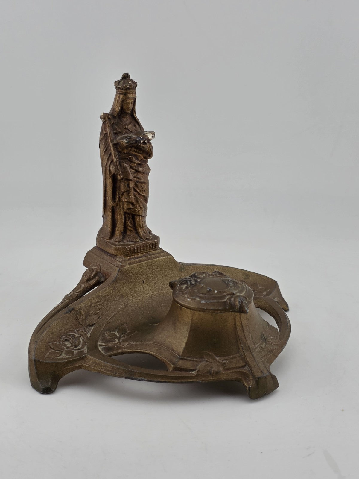 Antique French Statue Bronze Antique religious Lourdes Mary Depose Inkwell.