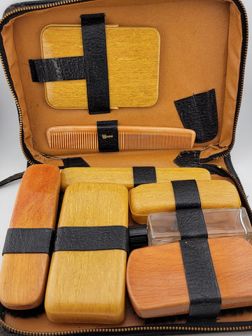 Antique Rumpp Vanity Travel Kit Leather Case w/Mohawk Men's Shaving Grooming ICS