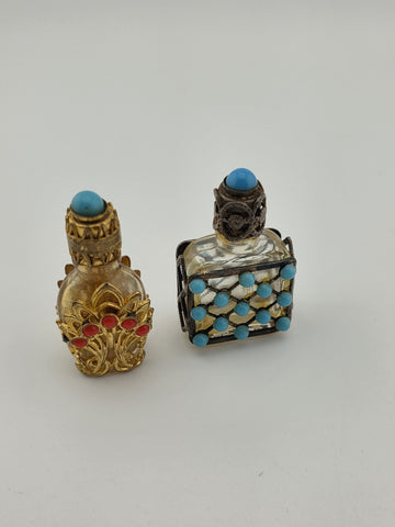 Pair Of Vintage Jeweled Miniature Perfume Bottles Filigree Glass Scent Bottles