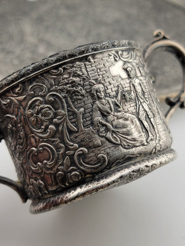 Antique 19C Silver Plate Derby Silver Repousse Plate Dutch Scenes W Engraved Cup