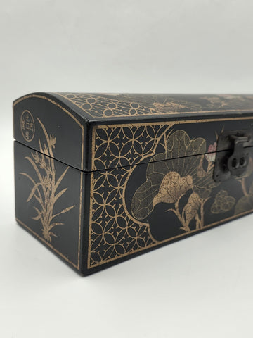 Rare Vintage Chinese Lacquer Scroll Box Gold Gilt Floral Birds Document Case