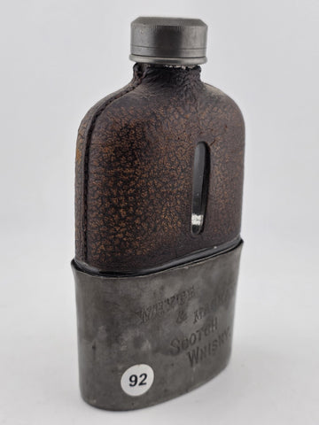 Rare Antique C1920 Whyte & Mackay Leather Wrapped Scotch Flask Pewter Sleeve Cup