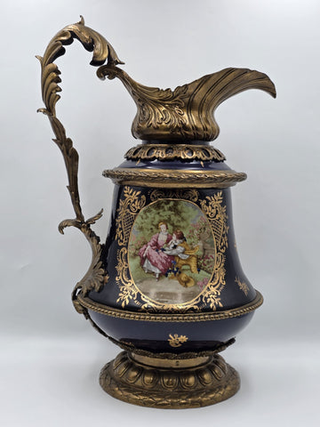 Antique French Cobalt Blue Porcelain &Brass Ewer Fragonard Scene Gilt Bronze 23"