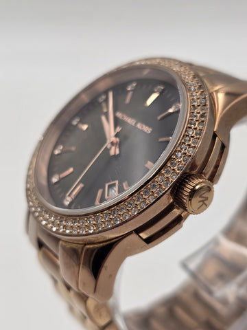 Michael Kors MK5494 Rose Gold Watch Mother of Pearl Dial Crystal Bezel 42mm Runs