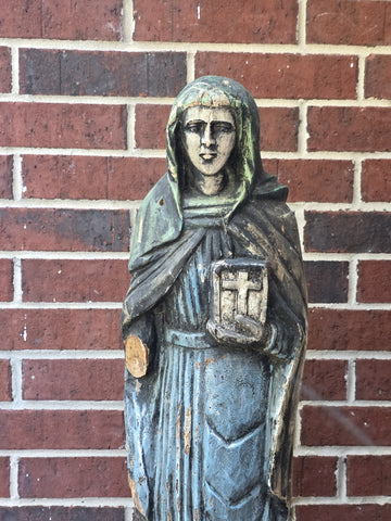 Antique 18th C XL Wooden Sculpture Of Virgin Marie Magdalene Hand Painted. 34 In