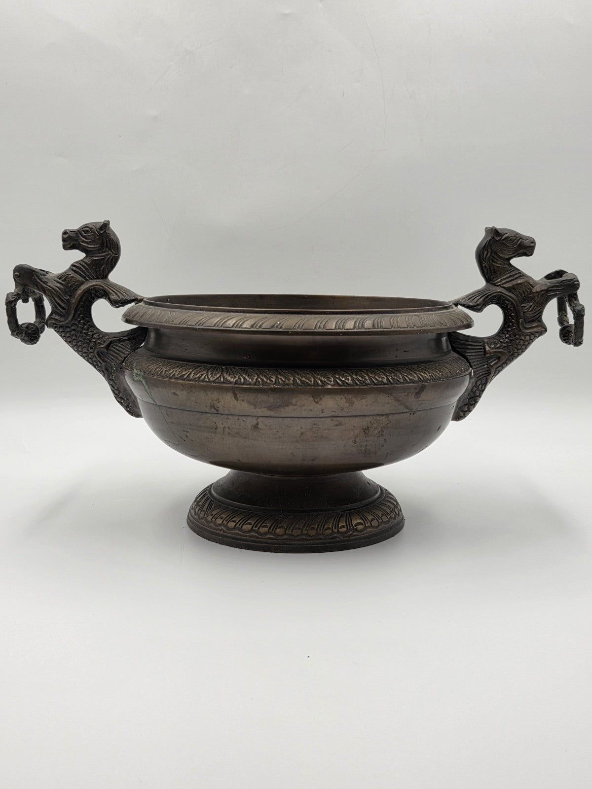 Rare Antique Bronze Centerpiece Jardiniere W Mythical Seahorse & Ring Handles.