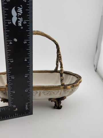 Ceramic & Brass, One (1) "Raku Crackle Glazed" Oblong Handled Bowl / Basket