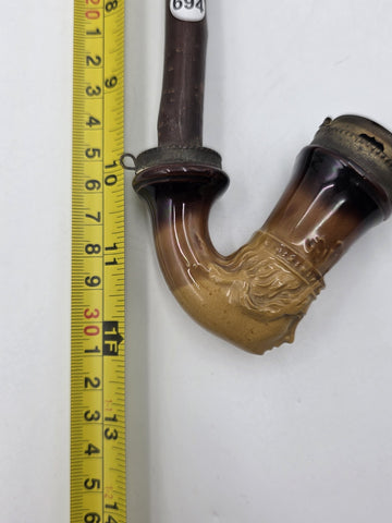 Antique C1890 German Figural Ceramic Tobacco Pipe Long Wood Stem Hinged Wind Cap