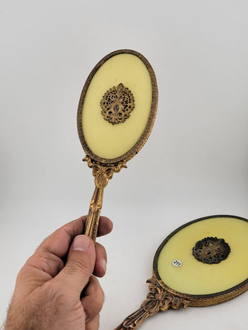 ANTIQUE 19th C Victorian 2-PIECE HANDHELD BRASS MIRROR & BRUSH SET Yellow Enamel