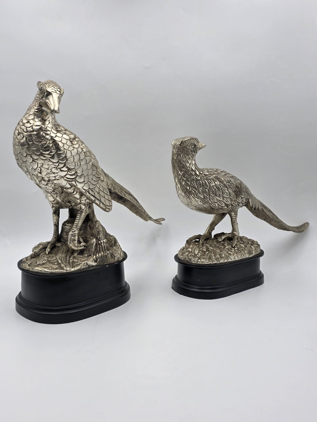 Vintage Pair XL Castilian Brass Pheasant Sculptures Cock Hen on Base 14 inch.