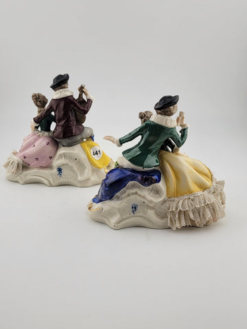 Set Of 2 Antique 19th C Victorian Dersden Germany Laced Figurine Courting Couple