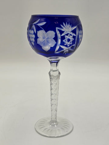 Nachtmann Saphire Blue Lead Crystal Wine Glass Grapes Floral Cut 8.5" Stemware